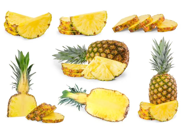 Set Řezem Celými Ananasem Izolovanými Bílém — Stock fotografie