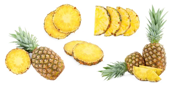 Zestaw Obciętymi Całymi Ananasami Izolowanymi Białym — Zdjęcie stockowe