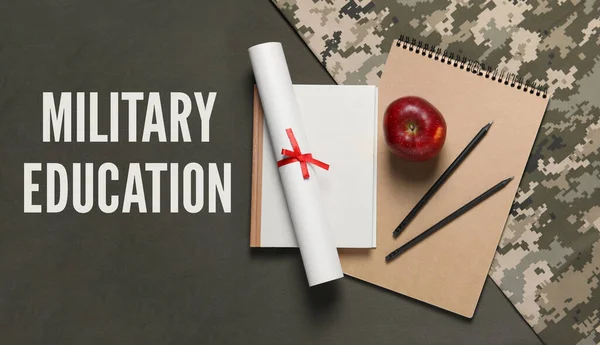 Military education. Stationery, apple and diploma on color background, flat lay