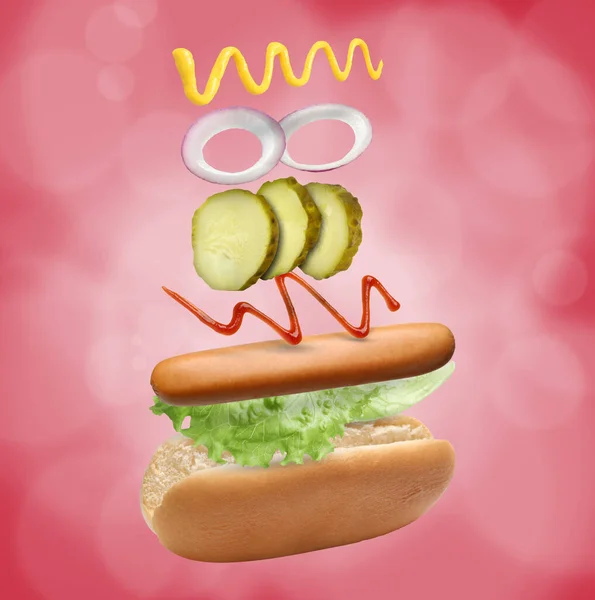 Hot Dog Zutaten Der Luft Auf Rotem Hintergrund — Stockfoto