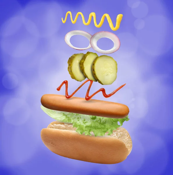 Hot Dog Zutaten Der Luft Auf Blauem Hintergrund — Stockfoto