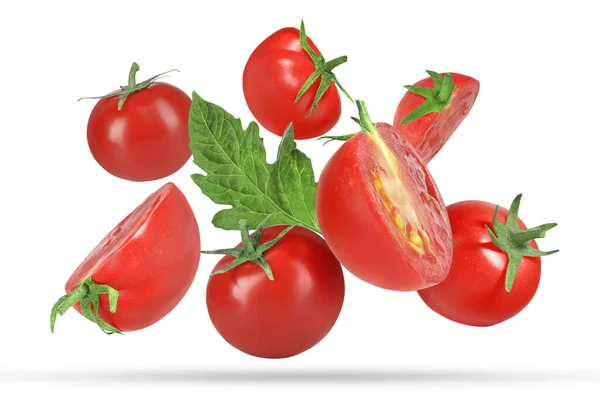 Many Fresh Ripe Tomatoes Falling White Background — Stock Photo, Image