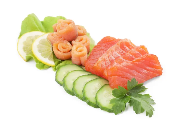Delicious Salmon Sashimi Served Lemon Cucumbers Parsley Lettuce Isolated White — Stock Photo, Image