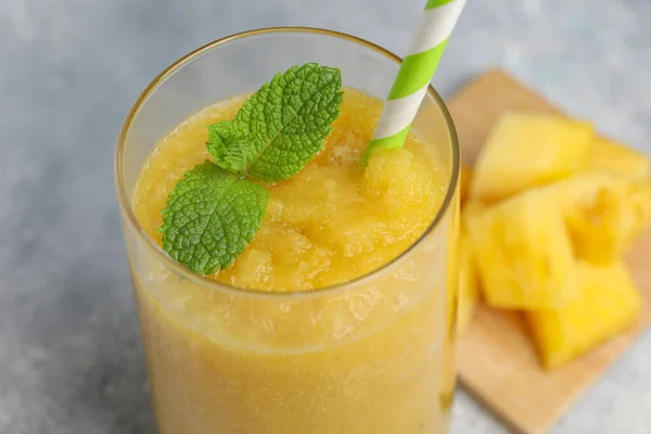 Glass Tasty Pineapple Smoothie Mint Light Gray Table Closeup — Stock Photo, Image