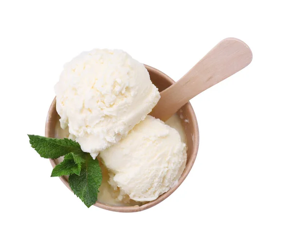 おいしいアイスクリームとミントの葉が白 トップビューで分離された紙コップ — ストック写真