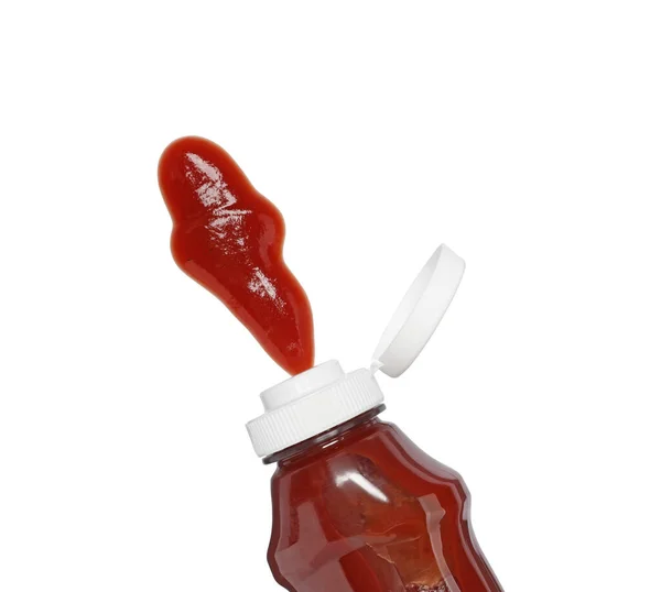 Ketchup Exprimido Botella Aislado Blanco Vista Superior — Foto de Stock