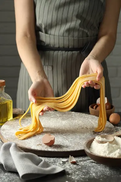 Woman Making Homemade Pasta Table Closeup — Stock Photo, Image