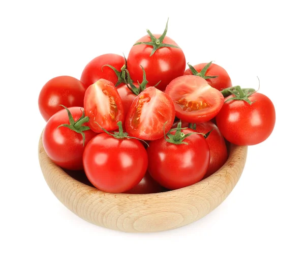 Bol Bois Avec Tomates Cerises Fraîches Mûres Isolées Sur Blanc — Photo