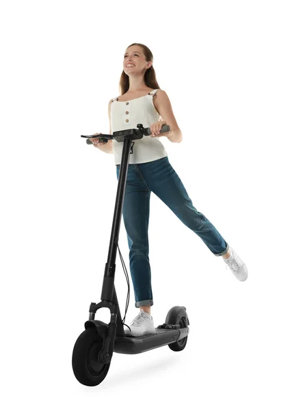Mujer Feliz Montando Scooter Eléctrico Moderno Sobre Fondo Blanco —  Fotos de Stock