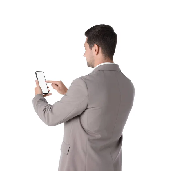 Man Using Smartphone Blank Screen White Background Back View — Stock Photo, Image