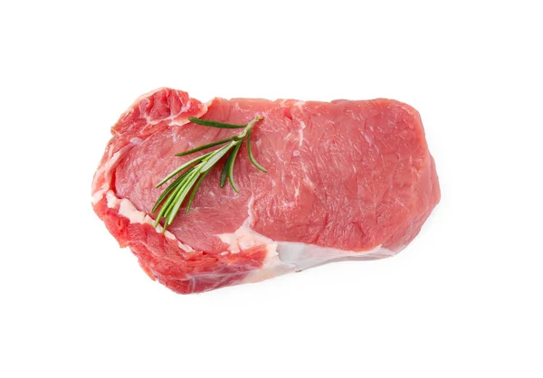 Carne Crua Fresca Com Alecrim Isolado Branco Vista Superior — Fotografia de Stock