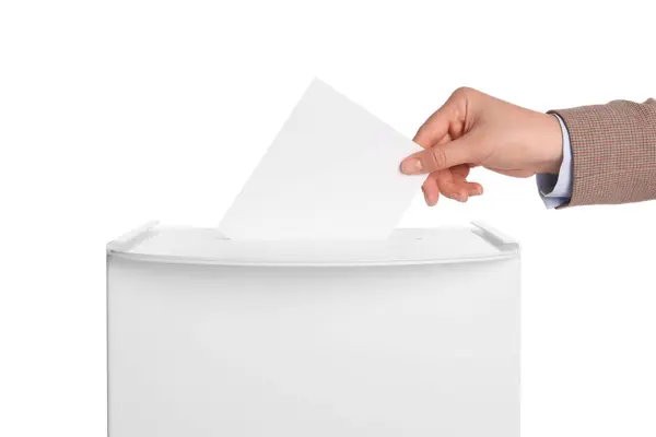 Donna Che Mette Suo Voto Nelle Urne Sfondo Bianco Primo — Foto Stock