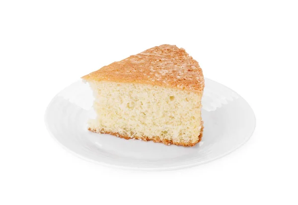 Plate Piece Tasty Sponge Cake Isolated White — Stock Photo, Image
