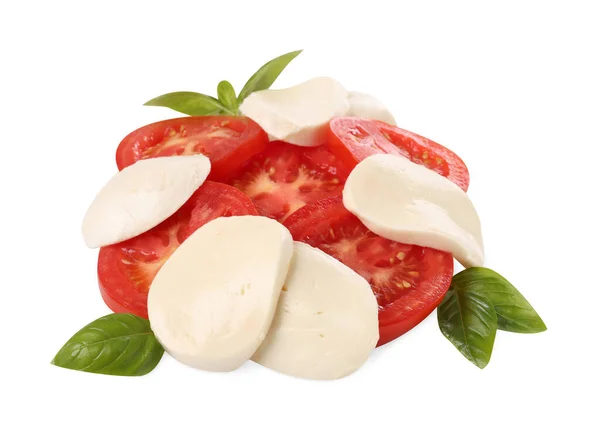 Pyszna Sałatka Caprese Pomidorami Serem Mozzarella Liśćmi Bazylii Izolowanymi Białym — Zdjęcie stockowe