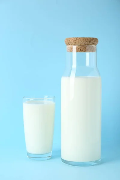 Carafe Glass Fresh Milk Light Blue Background — Stock Photo, Image