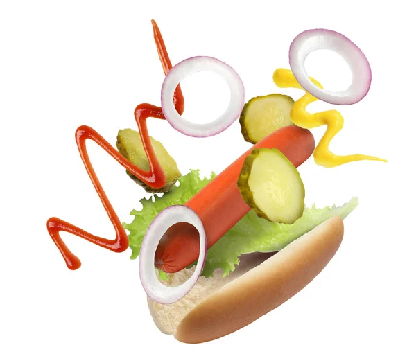 Hot Dog Ingredients Air White Background — Stock Photo, Image
