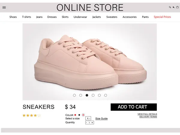 Online Mağaza Web Sitesi Sayfasında Şık Ayakkabılar Bilgiler Var Resim — Stok fotoğraf