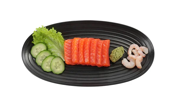 Smaczny Zestaw Sashimi Surowe Plastry Łososia Krewetek Podawane Ogórkiem Sałatą — Zdjęcie stockowe