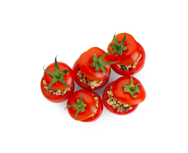 Deliciosos Tomates Rellenos Con Carne Picada Bulgur Champiñones Aislados Blanco — Foto de Stock