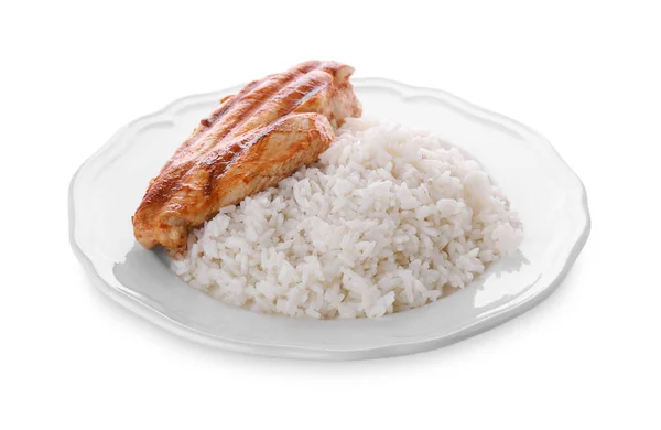 Płyta Grillowanym Piersi Kurczaka Ryżu Izolowane Białym — Zdjęcie stockowe