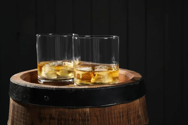 Glasses Tasty Whiskey Wooden Barrel — Stock Photo, Image