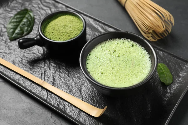 Cup Fresh Matcha Tea Bamboo Whisk Spoon Green Powder Black — Stock Photo, Image