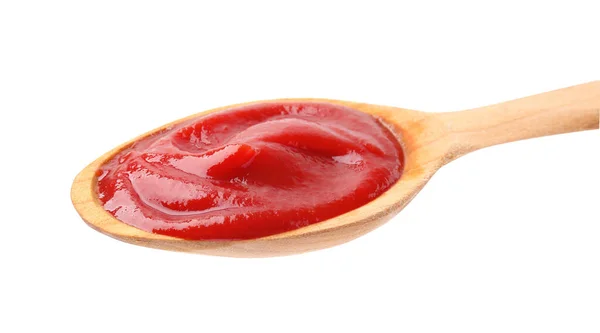 Cucchiaio Legno Con Gustoso Ketchup Isolato Bianco — Foto Stock