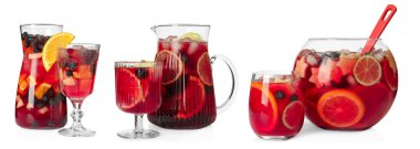 Farklı cam kaplamalı lezzetli sangria seti beyaz üzerine izole edilmiş.