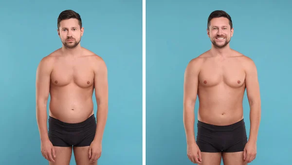 Collage with portraits of man before and after weight loss on light blue background