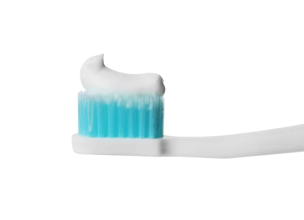 Plastový Zubní Kartáček Pastou Bílém Pozadí Detailní Záběr — Stock fotografie