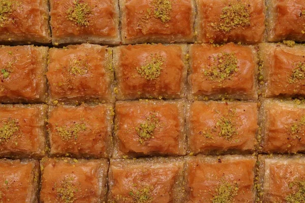 Delicious Sweet Baklava Pistachios Background Top View — Stock Photo, Image