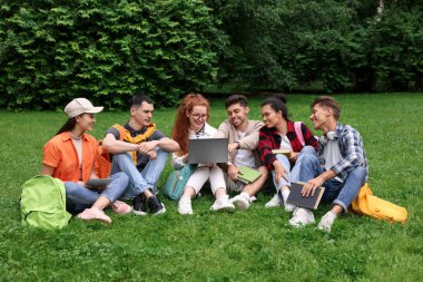 Bir grup mutlu genç öğrenci parktaki yeşil çimlerde birlikte öğreniyor.