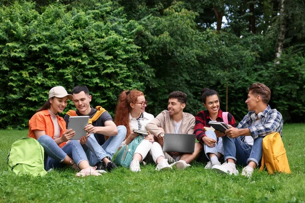 Grupp Glada Unga Studenter Lär Sig Tillsammans Grönt Gräs Parken — Stockfoto