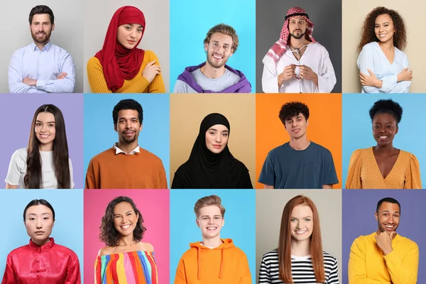 Collage Con Retratos Personas Diferentes Fondos Color — Foto de Stock