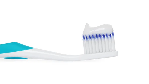 白い背景にペーストが付いているプラスチック歯ブラシ — ストック写真