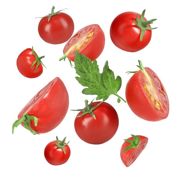 Beaucoup Tomates Fraîches Mûres Tombant Sur Fond Blanc — Photo