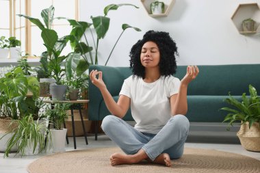 Rahatlatıcı atmosfer. Odadaki saksıda meditasyon yapan bir kadın.