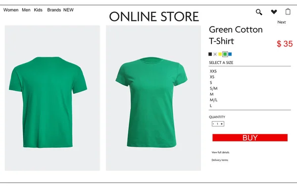Online store website page with stylish t-shirt and information. Image can be pasted onto laptop or tablet screen