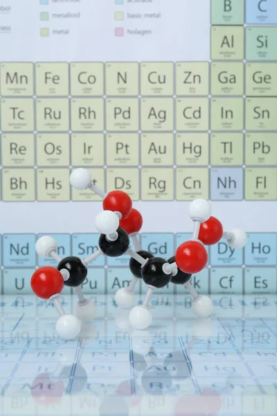 Molekuláris Modell Tükör Felületén Periódusos Táblával Szemben — Stock Fotó