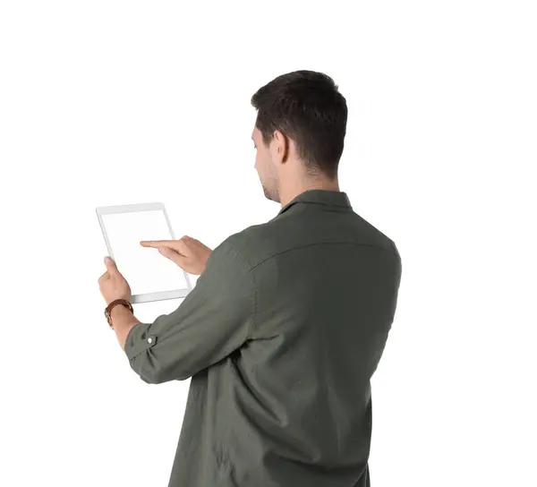 Man Using Tablet Blank Screen White Background Mockup Design — Stock Photo, Image