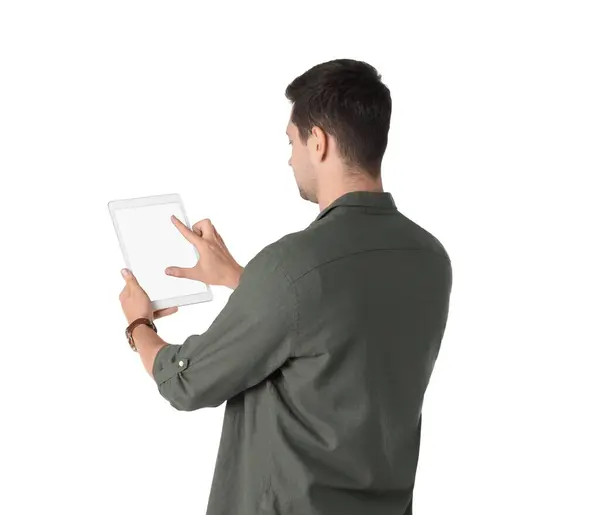 Man Met Tablet Met Blanco Scherm Witte Achtergrond Mockup Voor — Stockfoto
