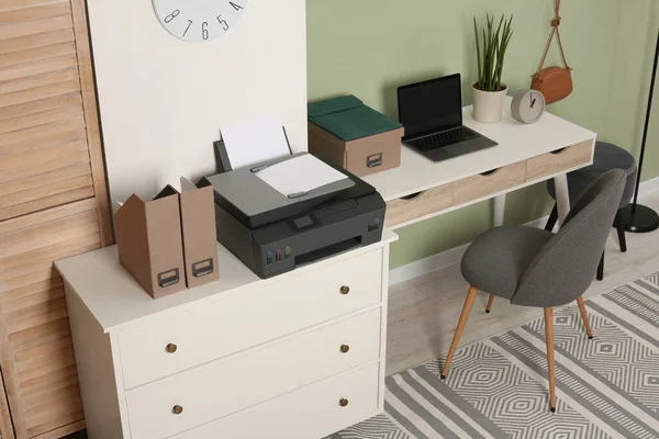Stylish Workplace Laptop Modern Printer Indoors — Stock Photo, Image