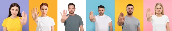 Folk Som Visar Stopp Gest Olika Färg Bakgrunder Collage Med — Stockfoto