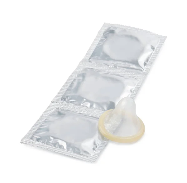 Розпаковані Презервативи Пакети Білому Тлі Безпечний Секс — стокове фото
