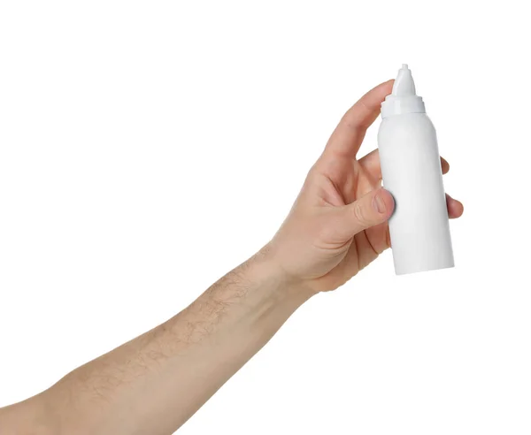 Homem Segurando Spray Nasal Fundo Branco Close — Fotografia de Stock