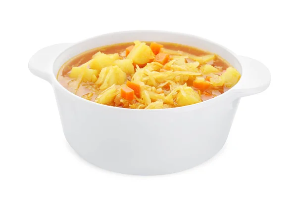 Topf Mit Köstlicher Sauerkrautsuppe Mit Kartoffeln Und Karotten Auf Weißem — Stockfoto