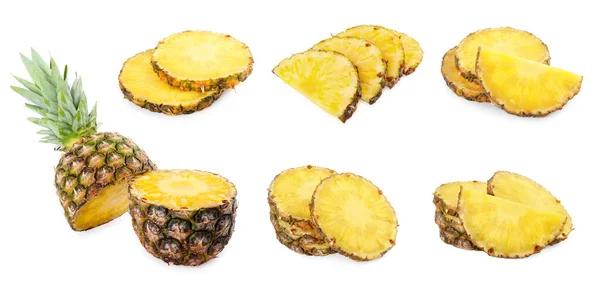 Set Plátky Šťavnatého Ananasu Bílém Pozadí — Stock fotografie
