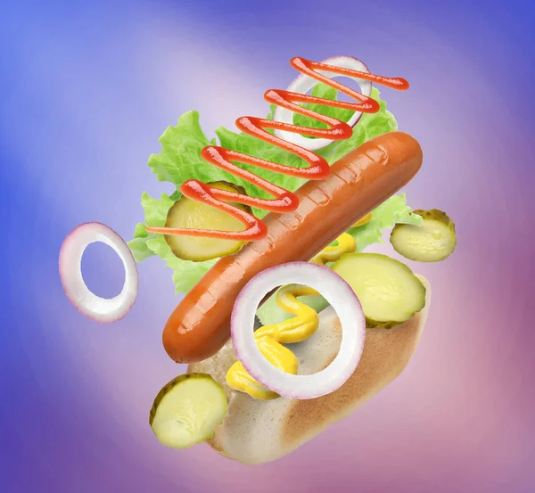 Hot Dog Zutaten Der Luft Auf Farbverlauf Hintergrund — Stockfoto