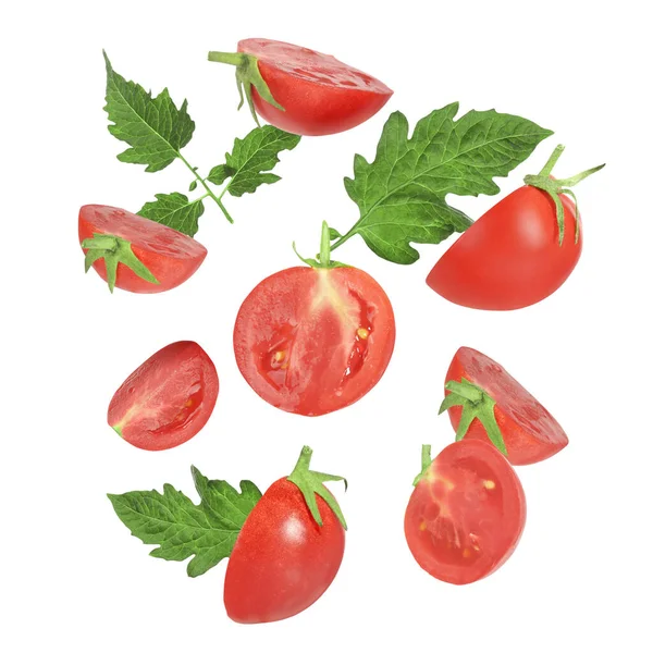 Many Fresh Ripe Tomatoes Green Leaves Falling White Background — Stock Photo, Image