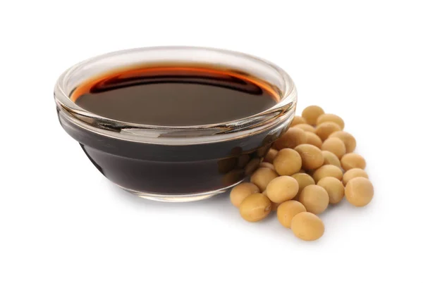 Bowl Soy Sauce Soybeans White Background Stock Photo